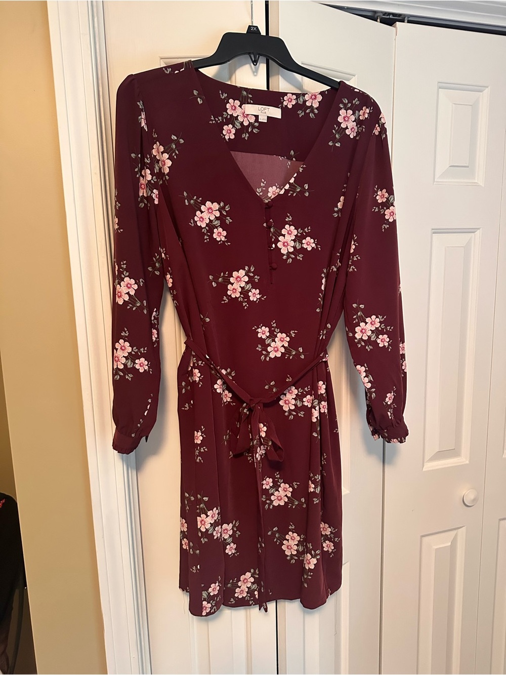 LOFT Plum Floral Long-Sleeve Tie-Waist Dress